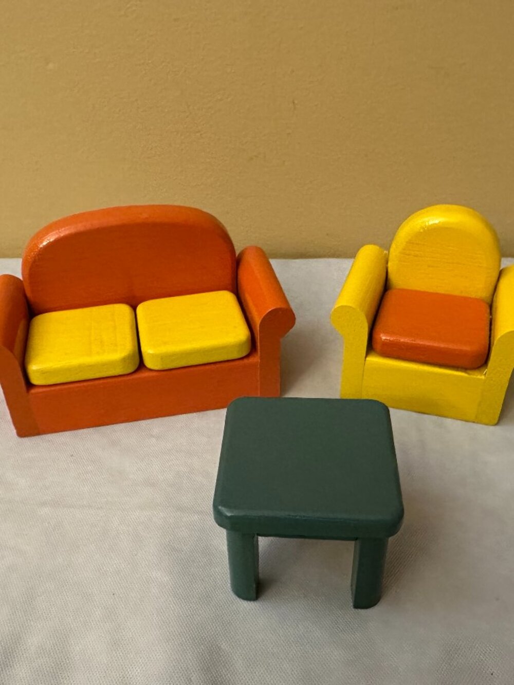 3 Vintage Wooden Doll House Furniture / Orange Couch, Yellow Armchair and Table